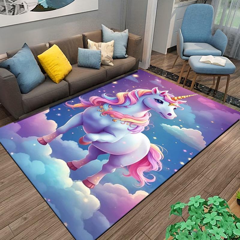 Colorful Unicorn On Clouds Fantasy Carpet for Bedroom Decor Suitable for Use As an Anti-slip for Living Room Bedroom Sofas
