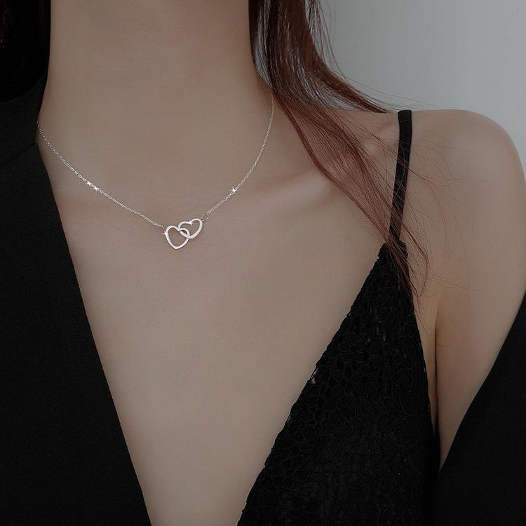Simple Temperament Hollow Love Double Ring Pendant Collarbone Chain Women's Trendy Fashion Heart-shaped Interlocking Necklace