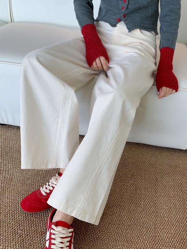 Women's Plum Purple Wide-Leg Washed Cotton Denim Pants - Autumn & Winter Casual Straight-Leg Nine-Point Trousers