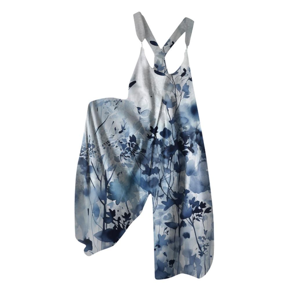 Women's Adjustable Strap Floral Print Overalls Jumpsuit Loose Fit Wide Leg Casual Suspender Pants