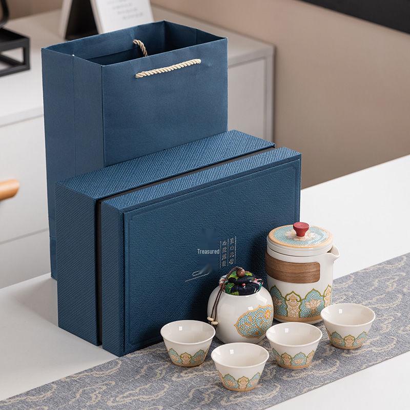 Ancient Charm Ceramic Travel Tea Set: Quick-Brew Pot with Three Cups for Outdoor Use - Customizable Logo Gift