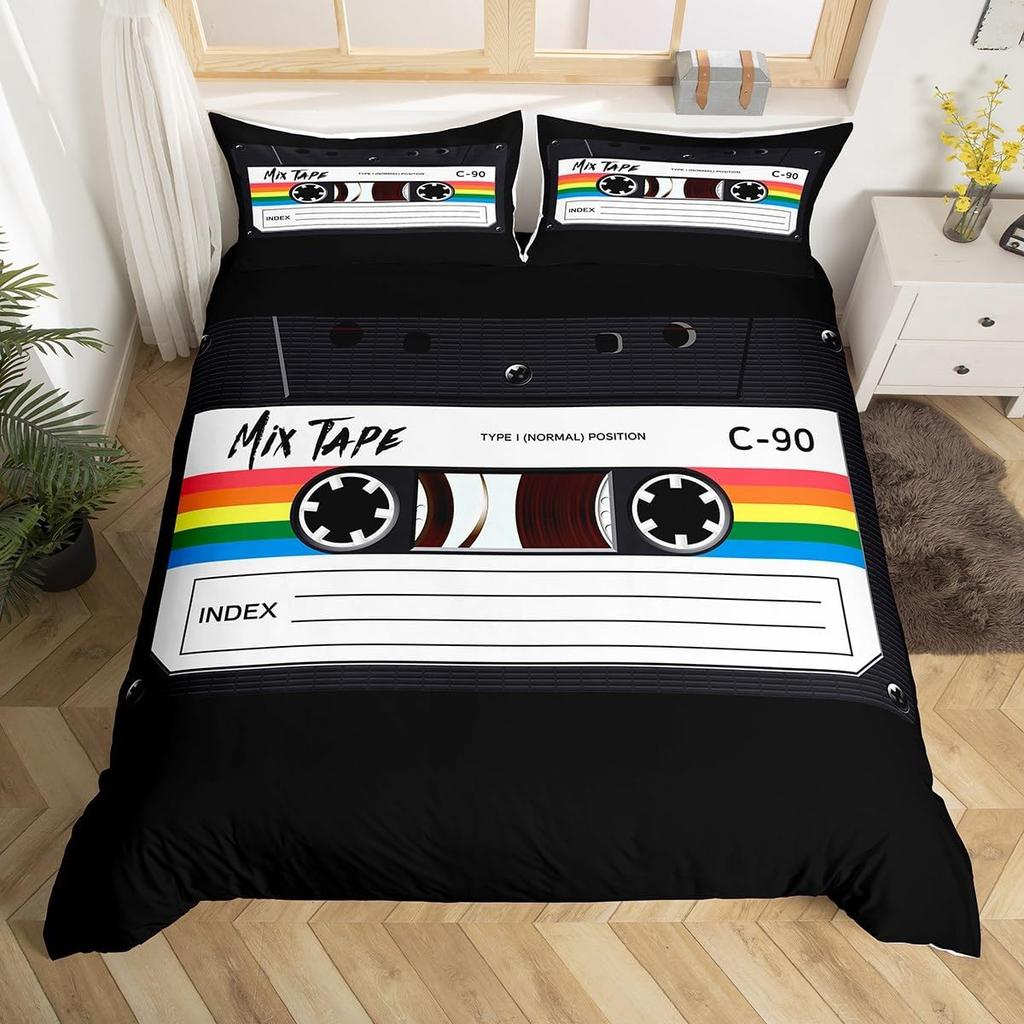 80er 90er Bettbezug Full Vintage Kassette Schallplatte Memphis Bettwäsche-Set Hippie Musik Bettdeckenbezug Geometrisches Bettset