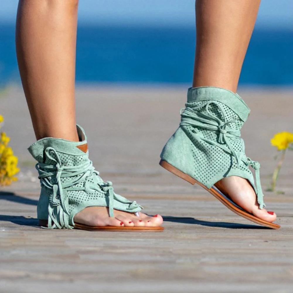 Fashion Retro Tassel Sandals For Woman Summer Boho Flat Shoes Ladies Lace Up Beach Shoes Sandalias Mujer 2024 Women's Shoes