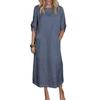 2024 Fall/Winter Women's Cotton Linen Solid Color Casual Round Neck Long Dress with Double Side Pockets
