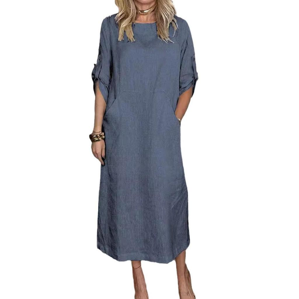 2024 Fall/Winter Women's Cotton Linen Solid Color Casual Round Neck Long Dress with Double Side Pockets