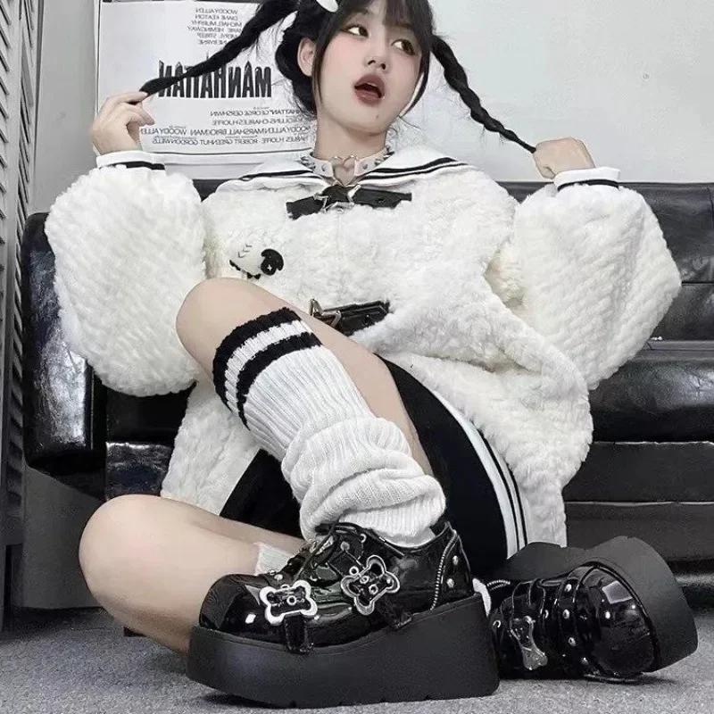 Punk Metallkette Klobige Plateau Stiefeletten Damen Winter Y2K Dicke Sohle Denim Frau Schwarz Gothic Lolita Schuhe