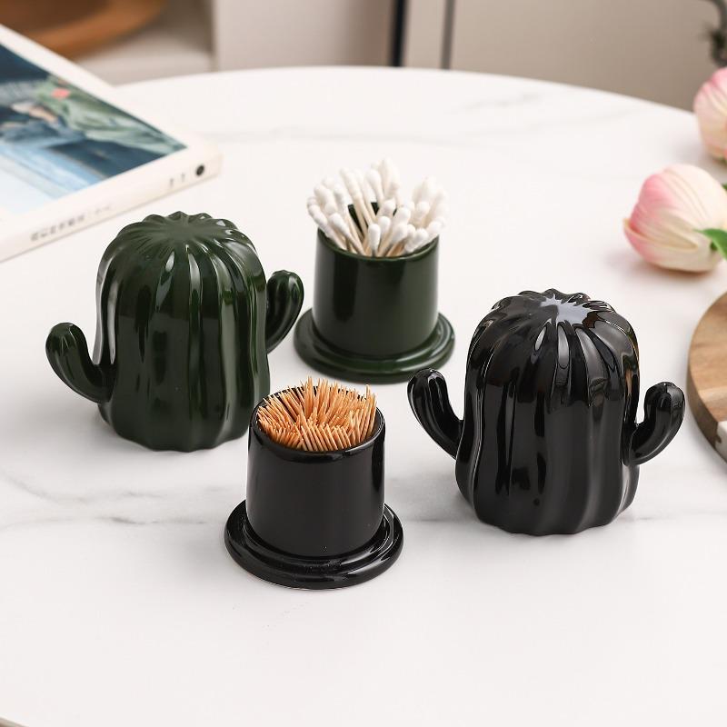 High-value Ceramic Cactus Toothpick Jar, Dental Floss Storage Box, Household New Personalized Creative Cotton Swab Box Jar.