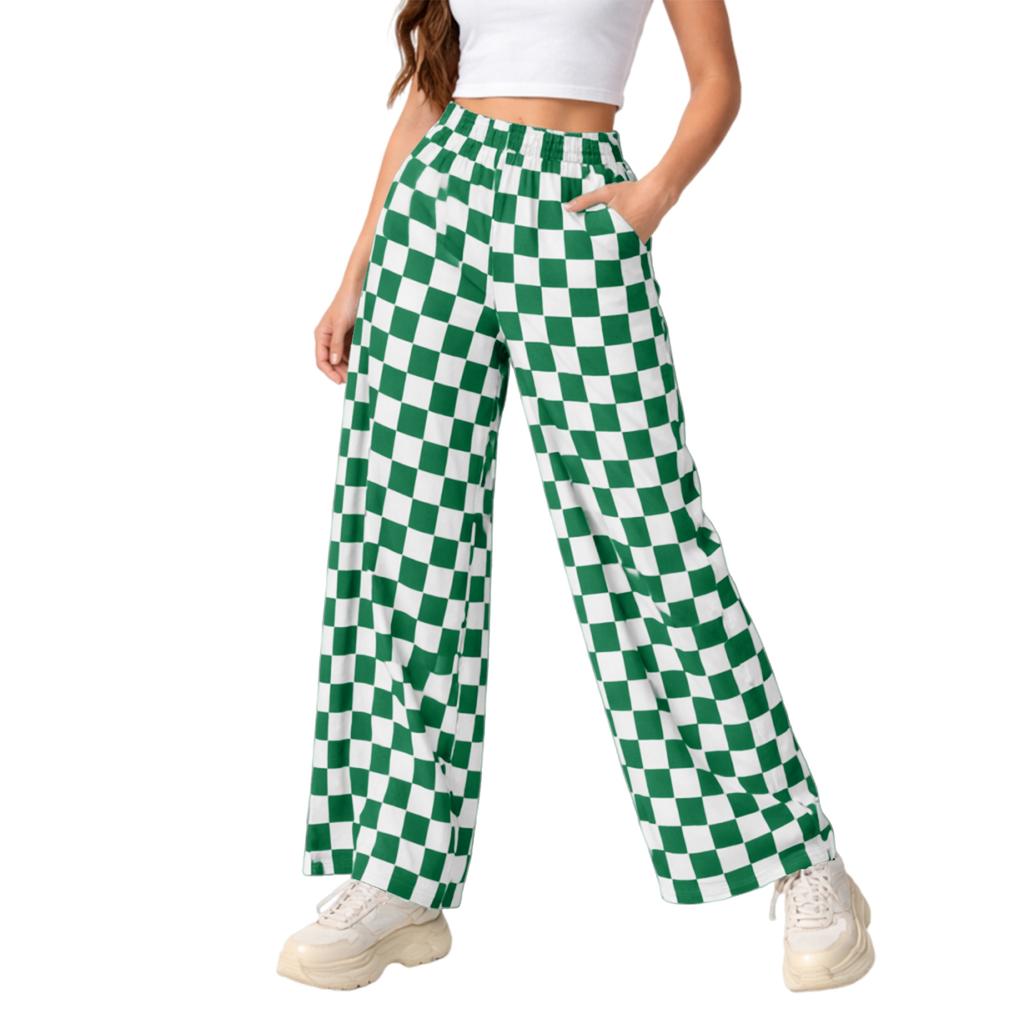 Women's Casual Wide Leg Checkered Pants, High-Waist Elastic Waist, Loose Comfy Trousers With Side Pockets