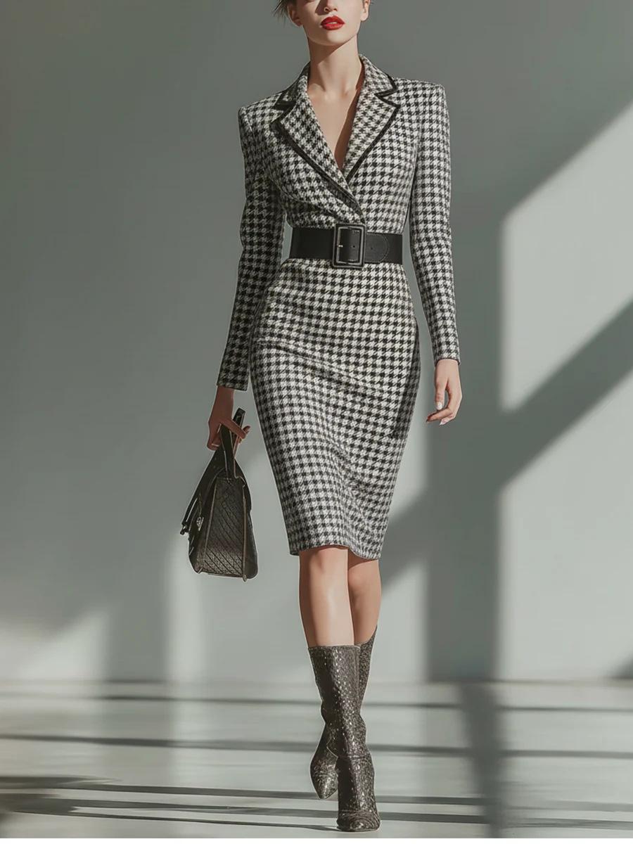 

2025 Autumn/Winter French High-End Slim-Fit Houndstooth Dress with Cinched Waist for Women XXXL чорний/білий