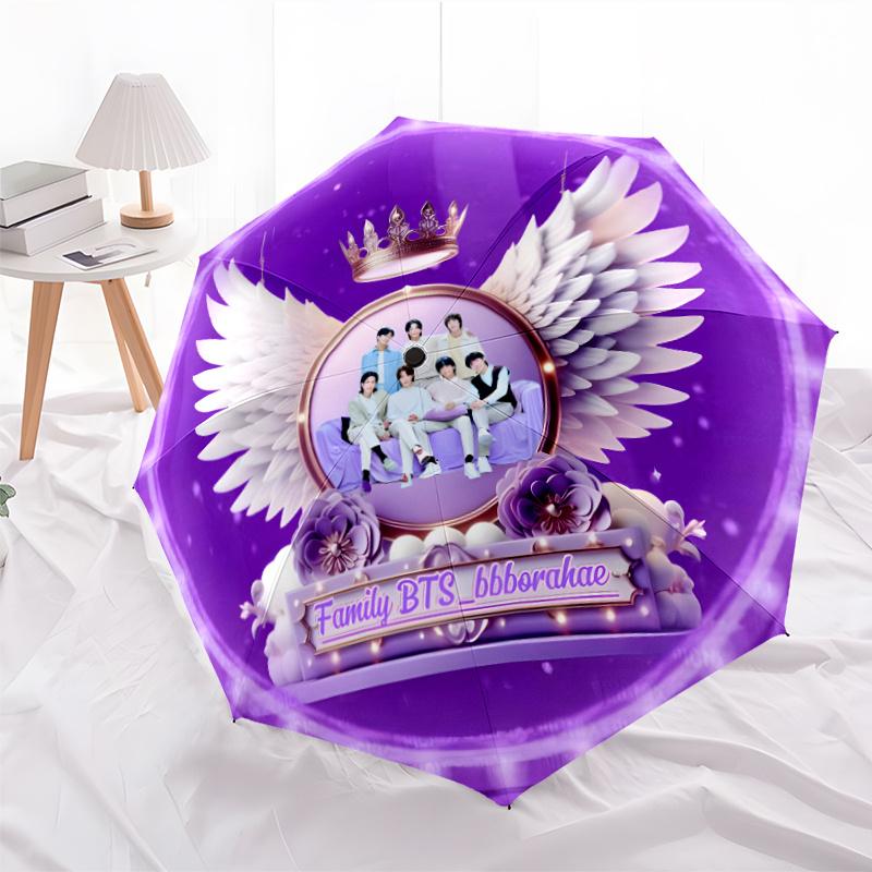 Family Bts Wings And Crown Artwork Design Automatic Umbrella With 8Rib Lightweight Allseason Women'S Umbrella For Travel Fashion Lovers Best For