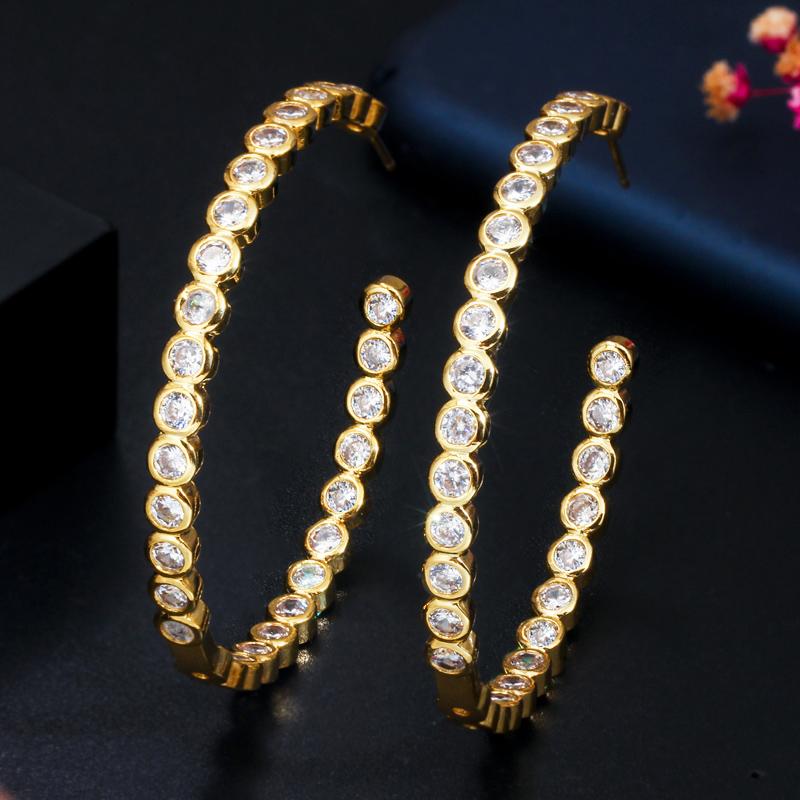 Fashion 18k Gold Plated Cubic Zirconia Stone Bezel Setting Big Size Round Circle Hoop Earrings for Women Party Memorial Day Gift