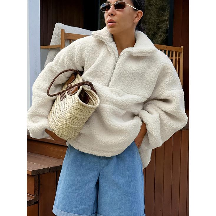 Feminino Inverno Quente Lã Pelúcia Moda Casual Manga Comprida Bolso Cordão Meio Zíper Grosso Pulôver Moletom
