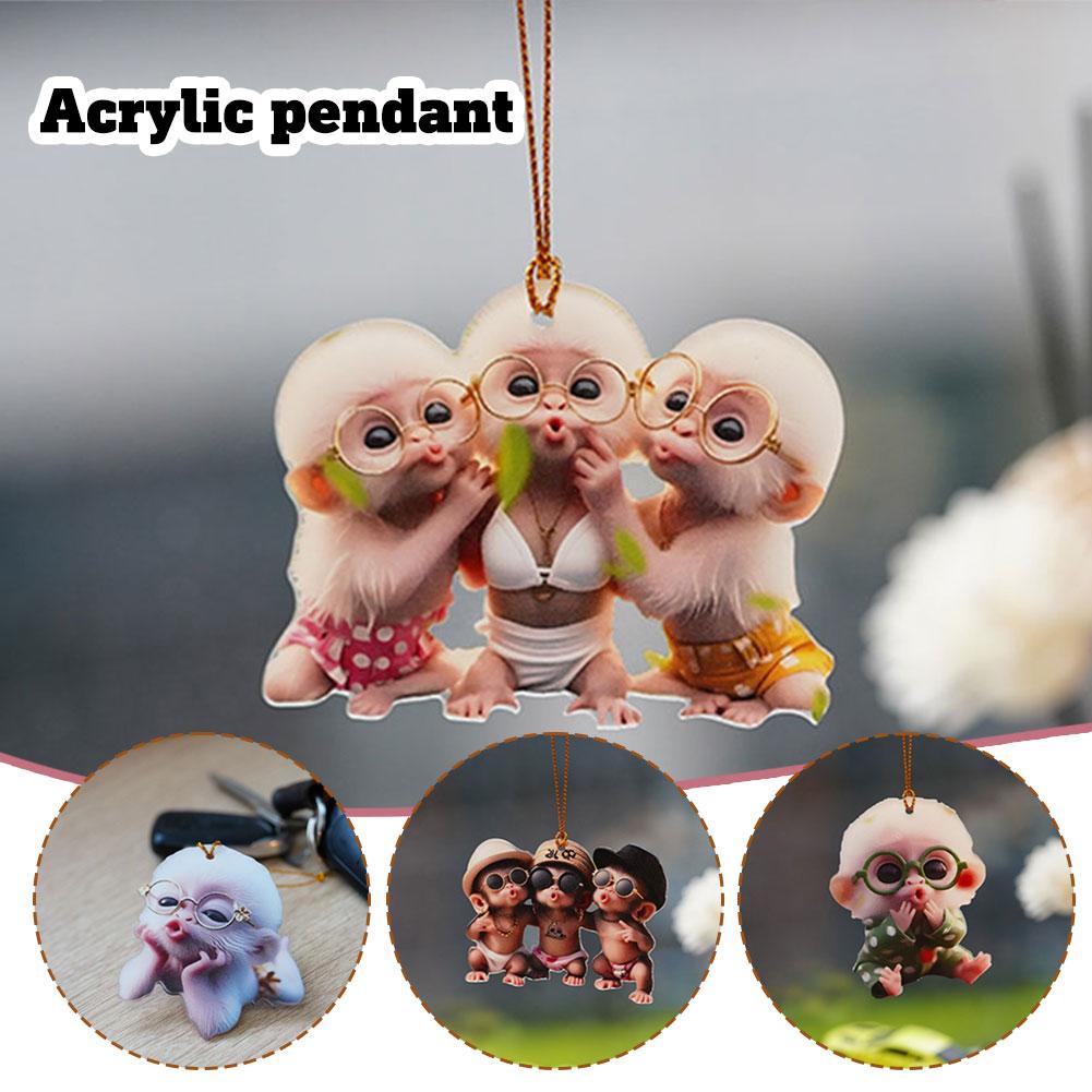2D Affenförmiger Autoanhänger Hängender Schmuck mit Kette Realistisches Tier Rückspiegel Hängende Dekoration Autoinnenzubehör