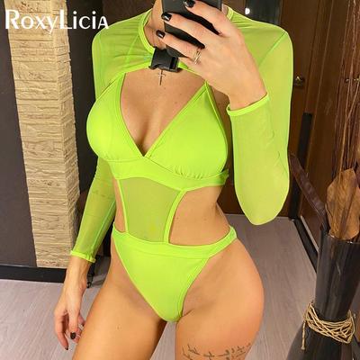 3 Colors Long Sleeve Cut Out Women Swimwear One Piece Swimsuit Female High Leg Cut Monokini Bather Bathing Suit Swim Lady