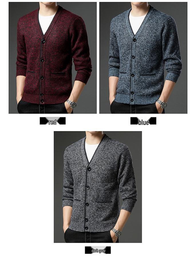 Men's Autumn/Winter Plus Velvet V-Neck Long Sleeve Cardigan Sweater