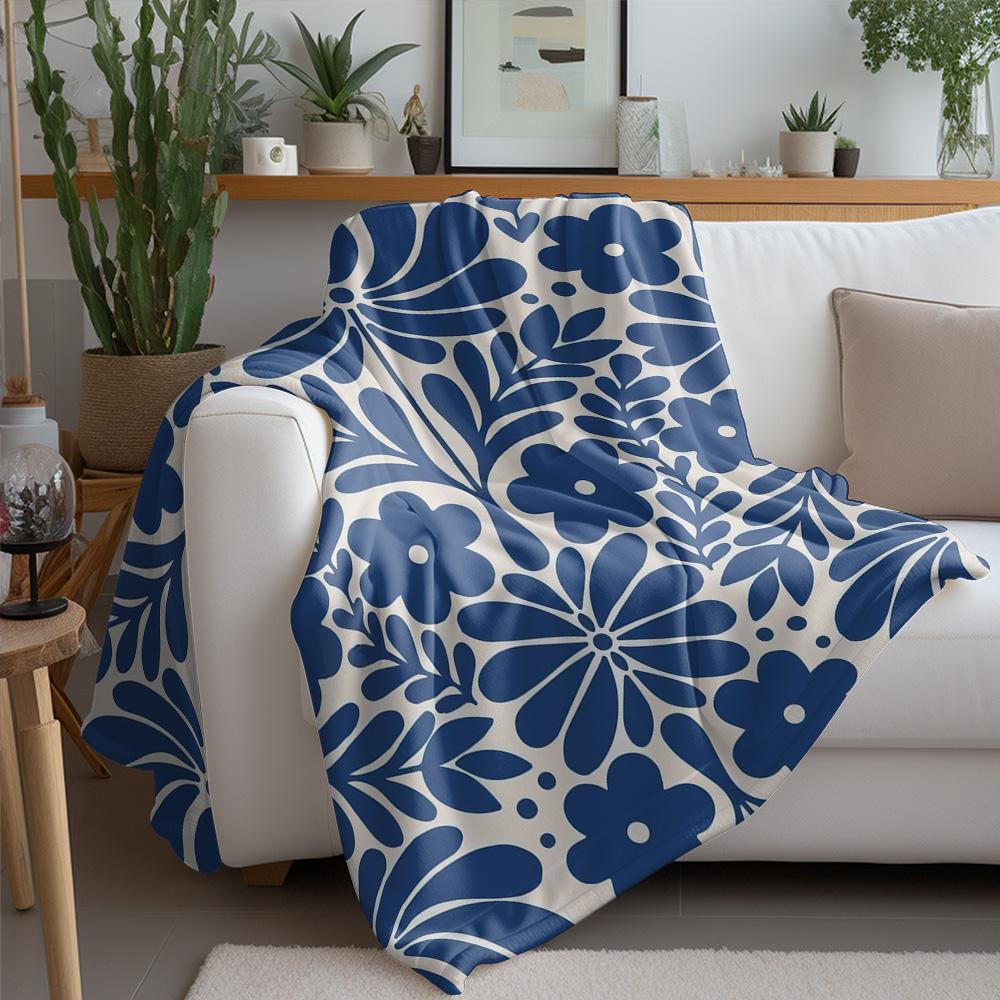 Navy Blue Floral pattern Flannel printed blanket suitable for all seasons suitable for living room office sofa and travel