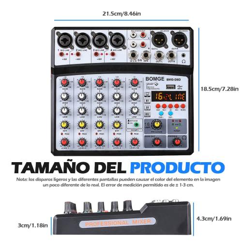 BOMGE 6-Channel DJ Audio Mixer with MP3, USB, Bluetooth, 48V Phantom Power, 5V Power Supply, and 16 DSP Echo Effects for Live Performances, Music, Kar