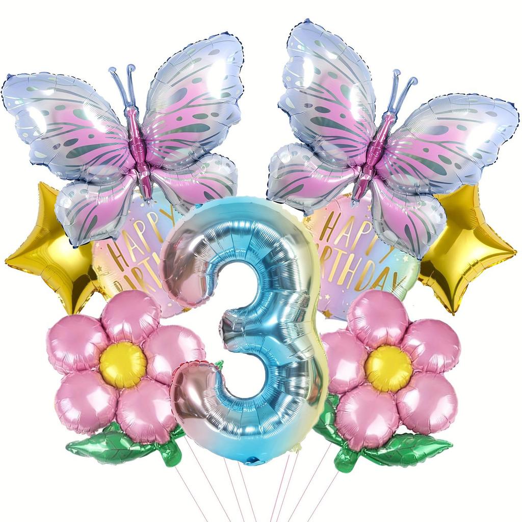 Butterfly & Daisy Star Gradient Foil Balloon Set for Birthday Party Decoration.