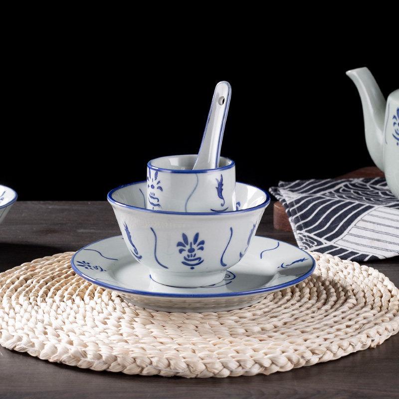 Vintage Ceramic Blue & White Bamboo Flower Bowl - Rustic Farmhouse Tableware, Ideal for Rice & Noodles