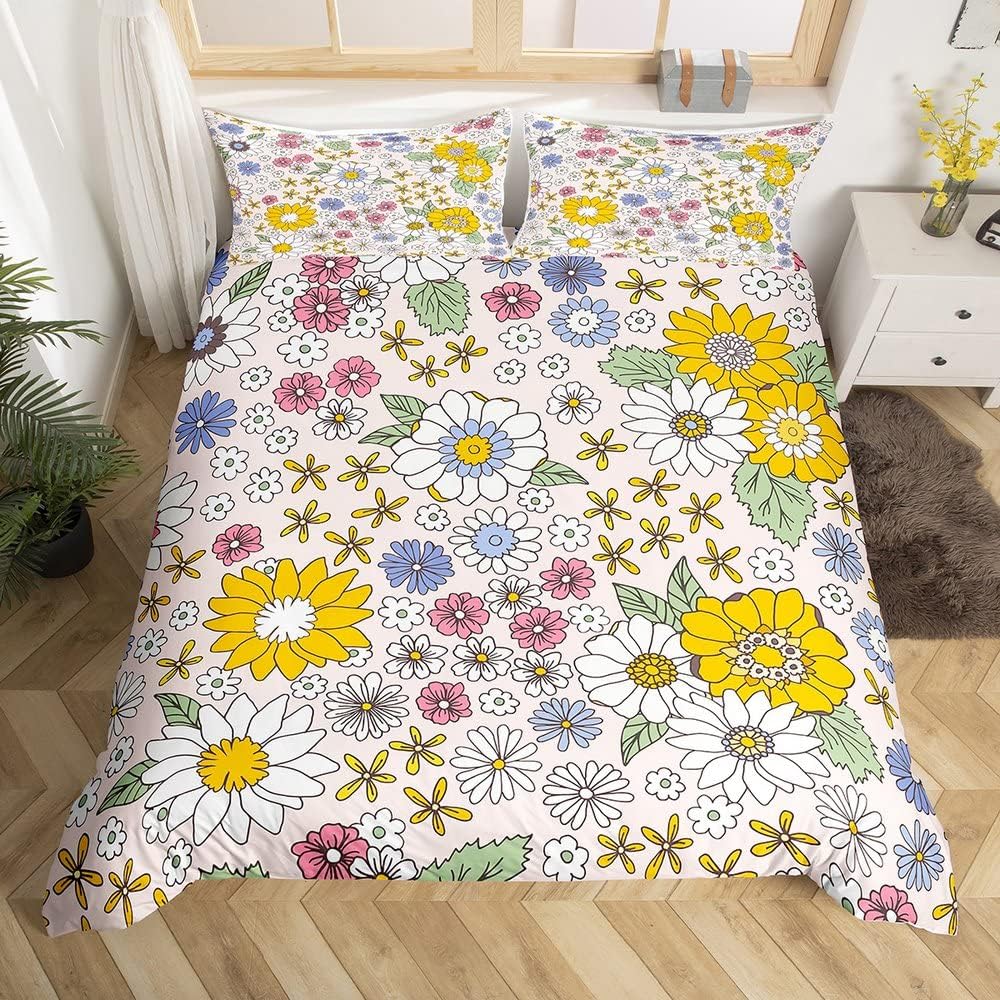 70er Jahre Retro Hippie Bettwäsche Set Groovy Blumen Bettbezug Full Queen für Erwachsene Teenager Boho Vintage Psychedelisch Floral Bettbezug
