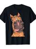 Fun Horse Riding T-shirt, Cartoon Horse and Fashionable Glasses Design Summer Unisex Loose and Breathable Cotton T-shirt Top
