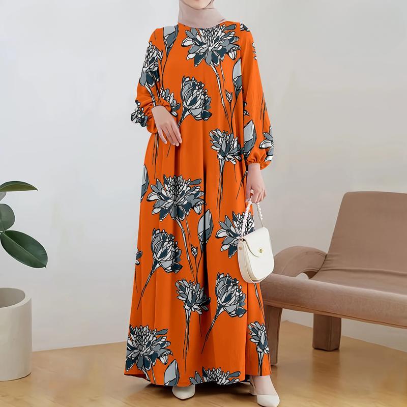 

Женские платья на Рамадан, повседневные и модные, мусульманские платья, больших размеров с цветочным принтом, платья с длинным рукавом, новинки 2025 5XL чёрный