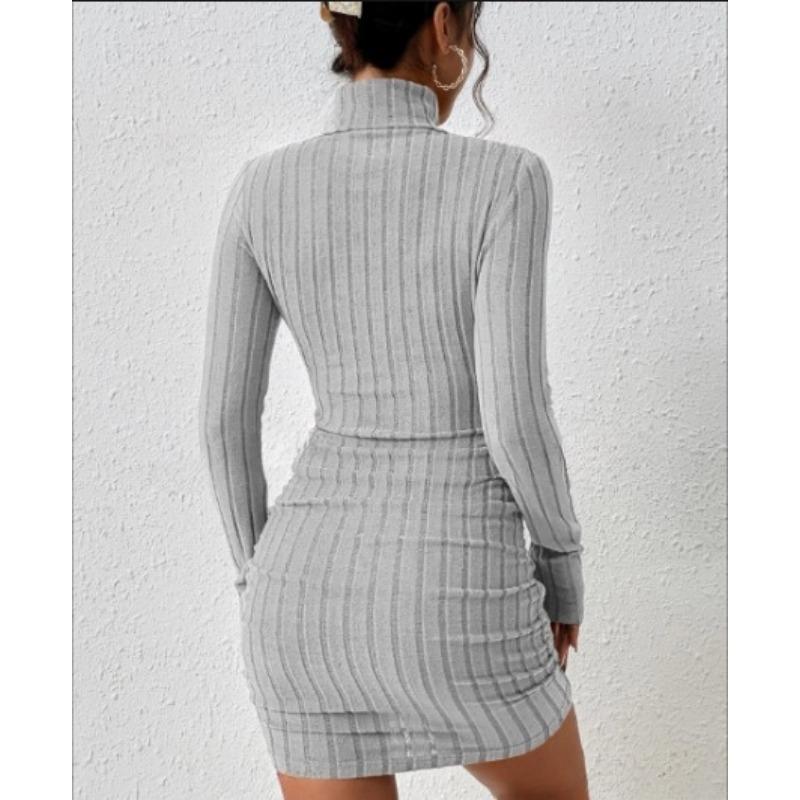 Mode Rollkragen Damen Strick Kurzkleid Herbst und Winter Neu Langarm Rippstrick Hüftbetont Lässige Partykleider Bodycon Schlichte Kleidung 2708