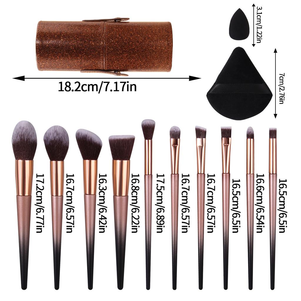 10 pieces makeup brush set, gradient handle+flash brown storage bucket, comes with 2 mini beauty eggs+2 triangular powder puffs