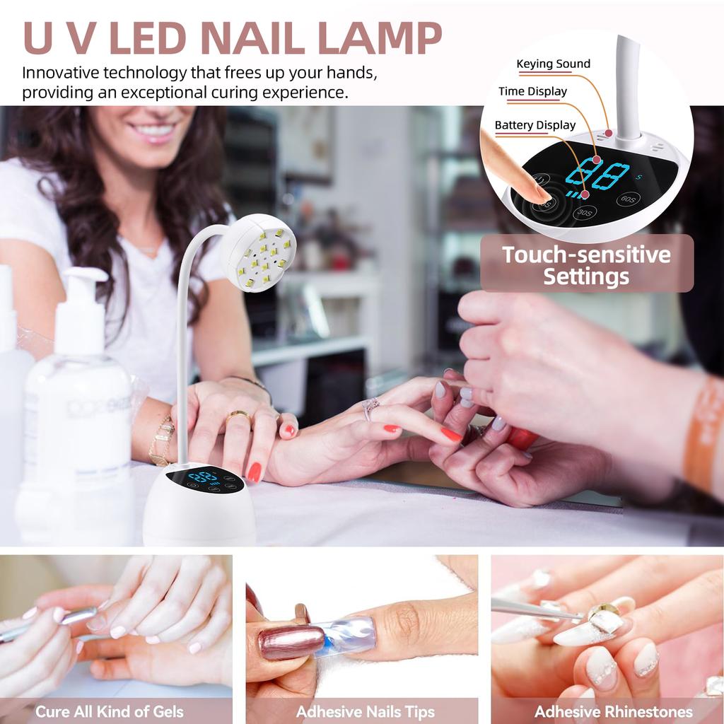 Cordless Nail Lamp LED UV Nail Dryer Rechargeable Auto Sensing Touch Control Fast Drying Nail Light 360° Bendable Table Lamp