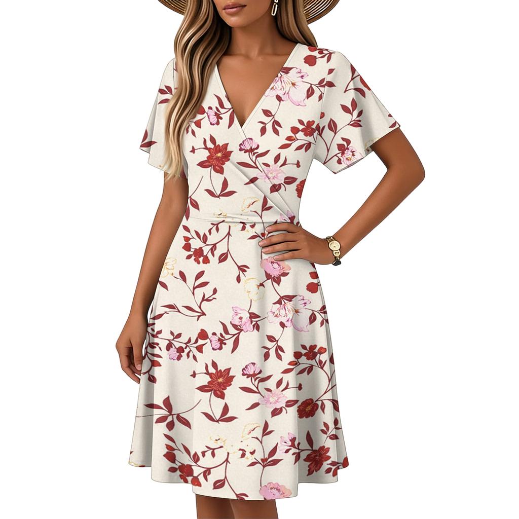Women's Horn Sleeve Short Sleeve Casual Dress Plant Floral Print V-Neck Dress