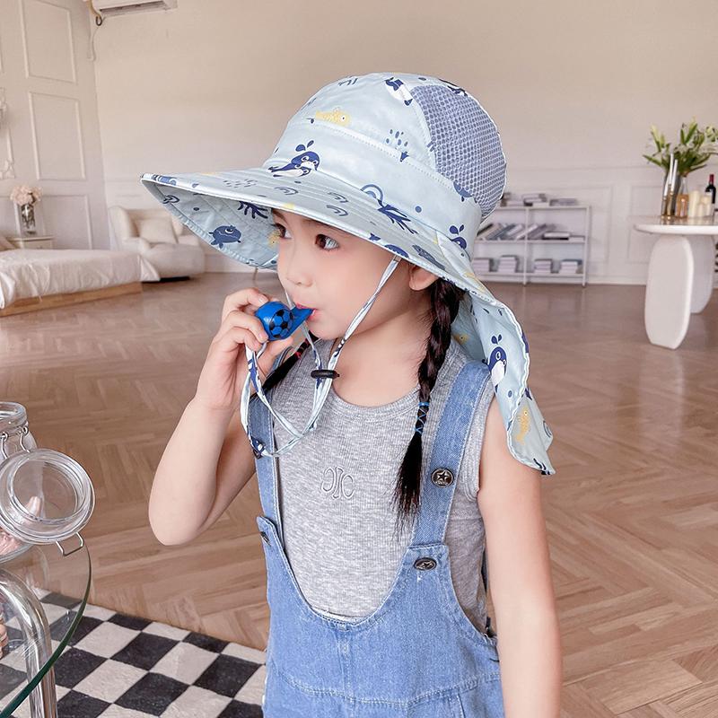 Anti Uv Kids Summer Baby Sun Hat Printed Whistle Shawl Hat For Girls Boys Outdoor Neck Ear Cover Beach Cap