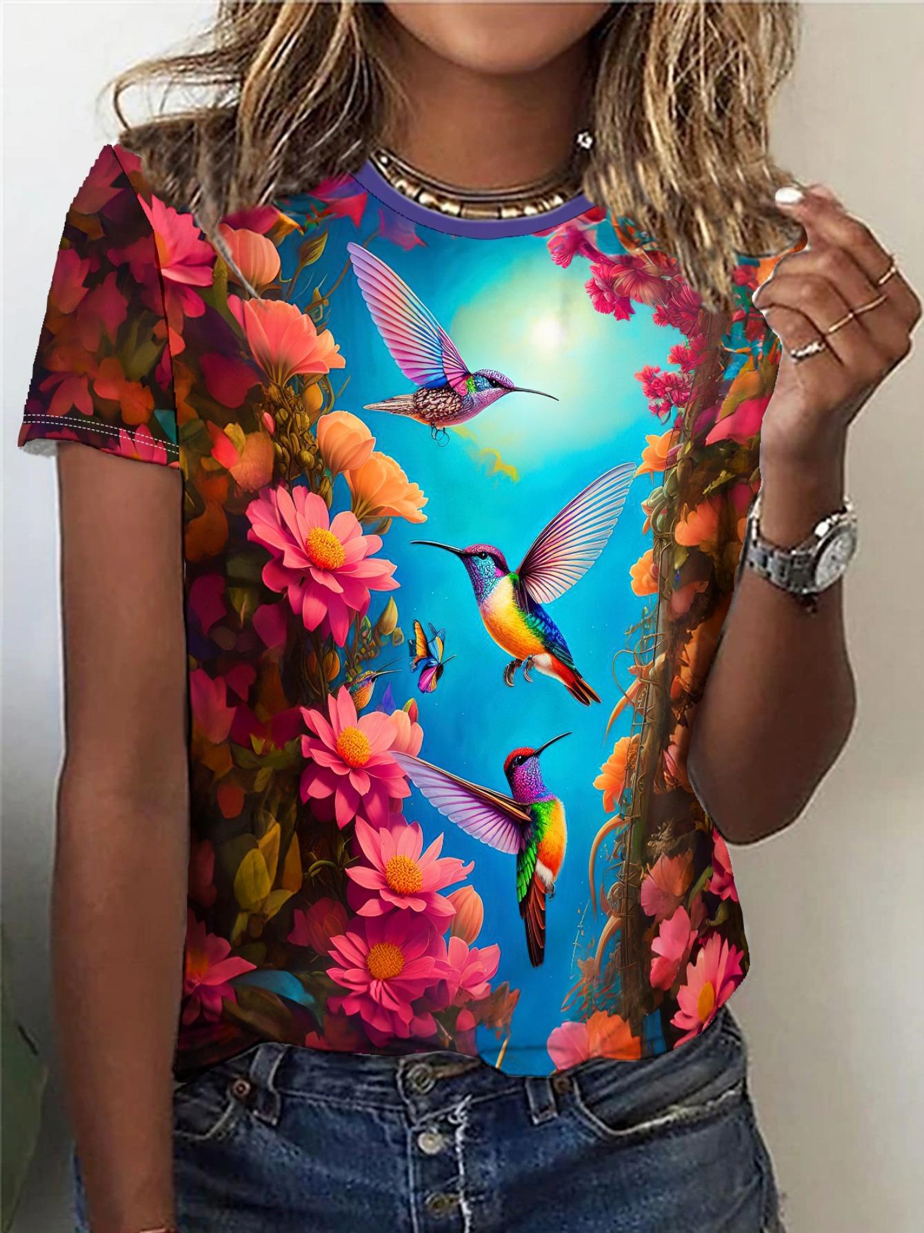 

Women s Tee - Hummingbird & Floral Graphic, Colorful Tropical Nature Design for Casual Daily Wear XL