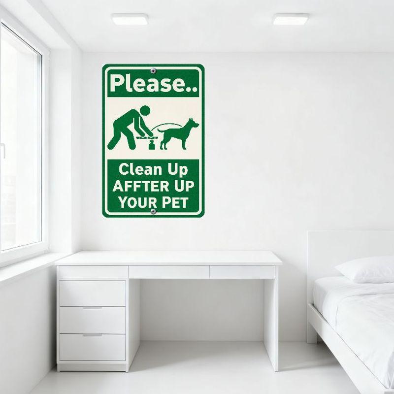 Green & White Pet Waste Clean Up Metal Tin Sign - Funny Dog Cleaning Silhouette Illustration Wall Plaque for Home Garden Yard De