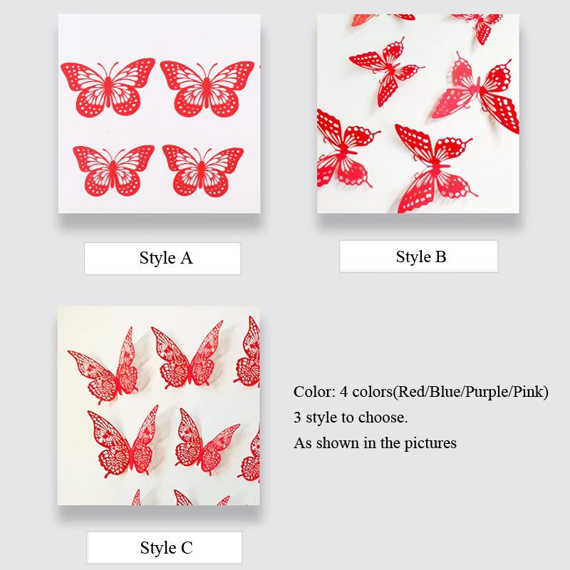 12Pcs/Set Red Blue Pink 3D Hollow Butterfly Wall Stickers For Wedding Home Decoration Living Room Decor Art Butterflies Decals