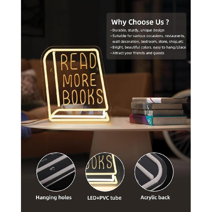 Read More Books Neon Sign - Dimmable Book Neon Lights LED Light Up Sign for Bedroom, Bookstore, Library, Study Room - Classroom and Museum Decoration