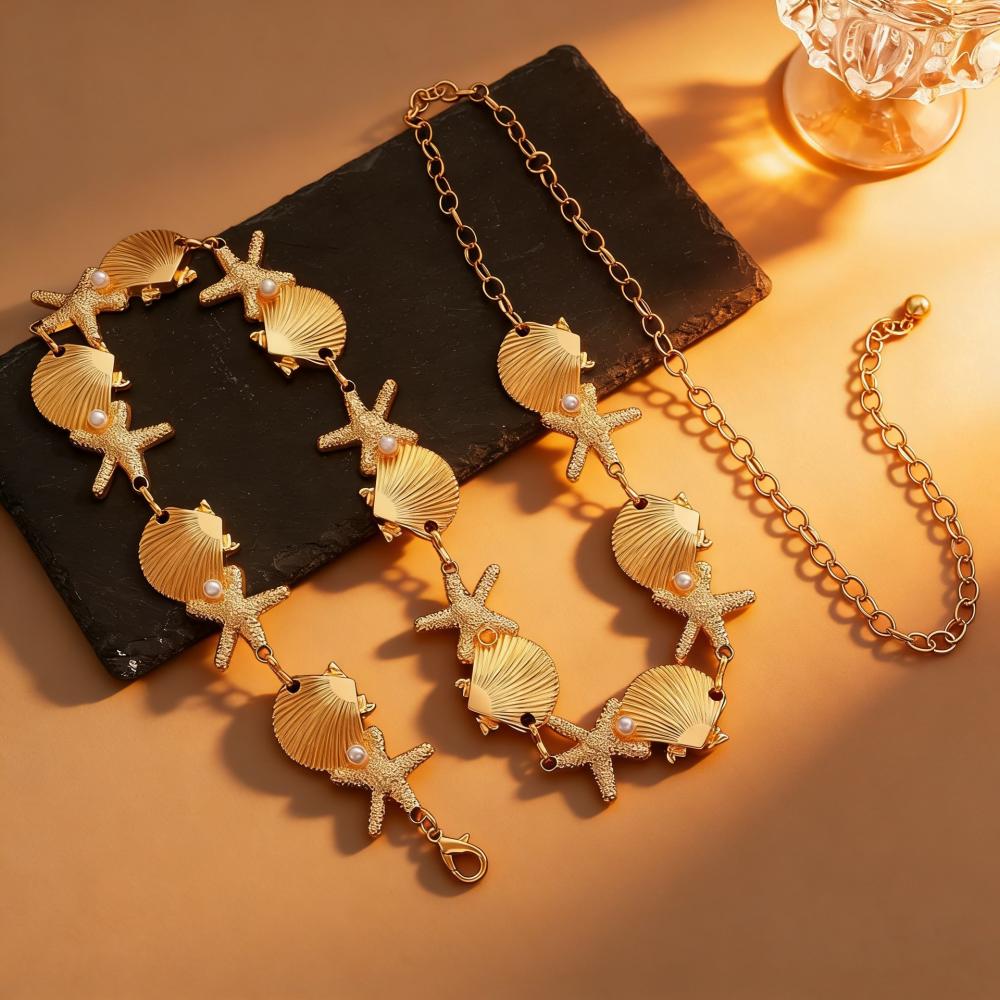Vintage Boho Metal Waist Chain Women Shell Pearl Starfish Waist Chain Fashion Casual Vacation Beach Jewelry Accessories Gifts