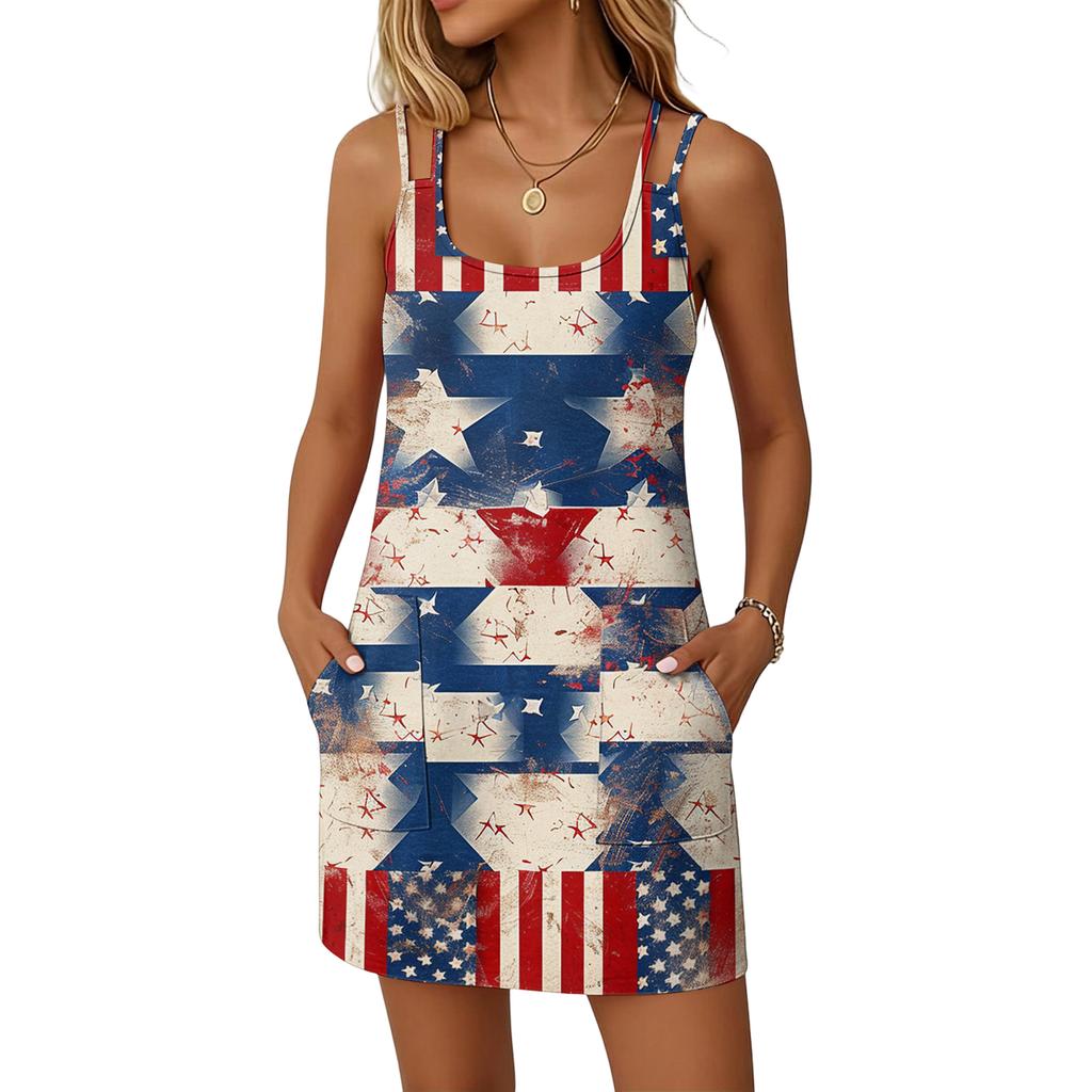 Women’s Fashionable Casual Independence Day Printed Dress, Double-Strap Dress With Pockets