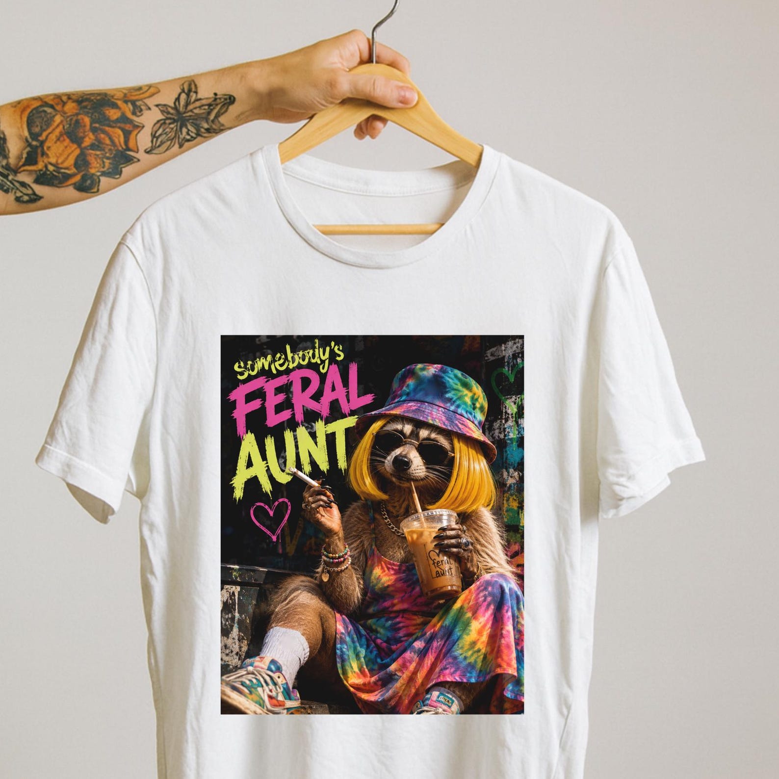 Stylish Somebody s Feral Aunt Shirt, Funny Aunt Gift, Cool Aunt Tee, Iced Coffee Lover Shirt, Raccoon Graphic Tee, Unique Aunt Birthday. L
