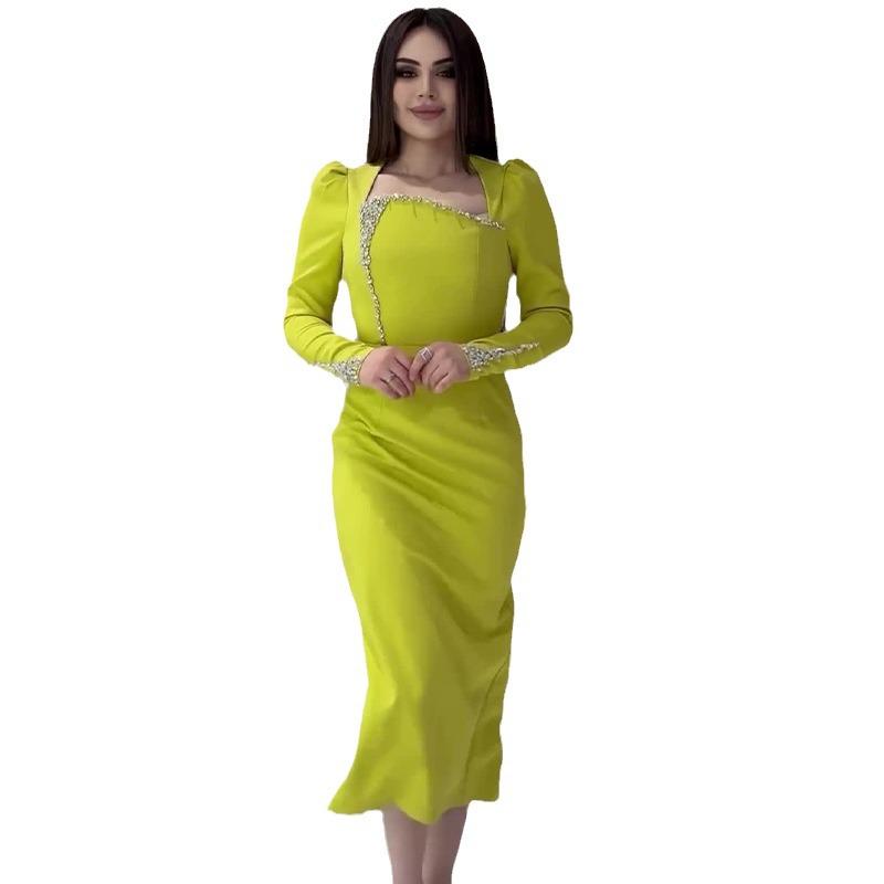 2024 Autumn European & American Luxury Diamond-Embellished Women's Color Square Neck Dress