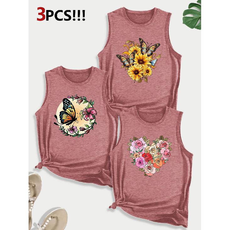 Sunflower and Butterfly Combination Gift Print Pattern Round Neck3Pack of Sleeveless Vests for Women In Spring, Summer, and Autumn