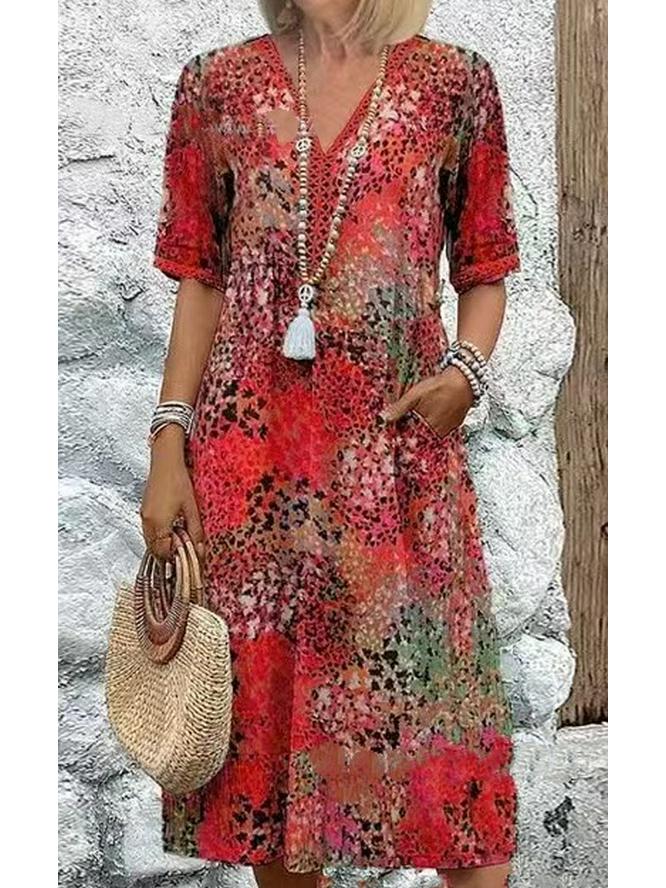 2026 European & American Fashion V-Neck Lace Trim Printed Short-Sleeve Dress