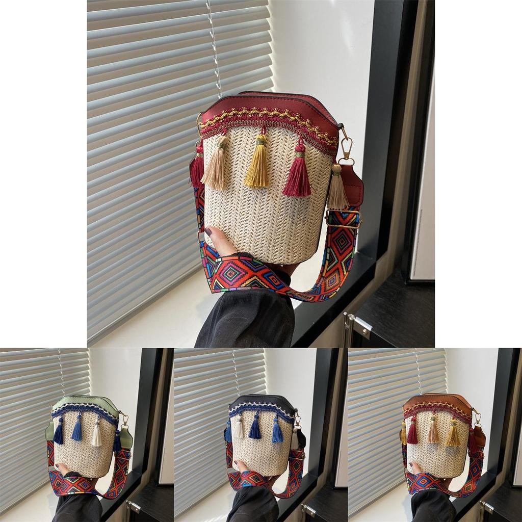 Ethnic Style Woven Bucket Bag With Tassels For Daily Casual Wear