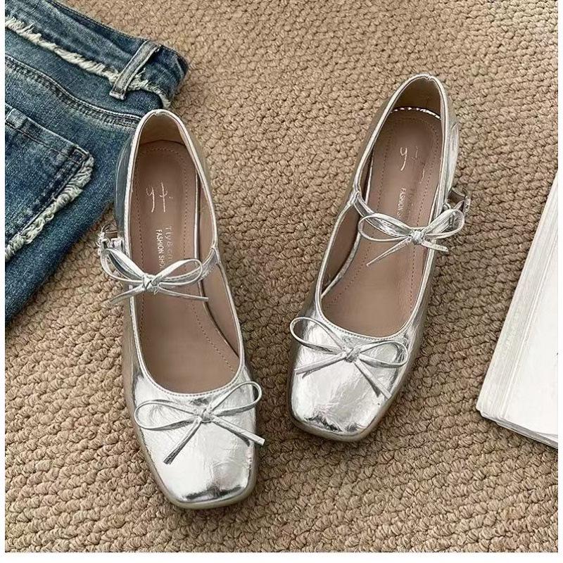 2025 New Versatile Silver French Bow Mary Jane Skirt Shoes - Women's Chunky Heel Spring Edition