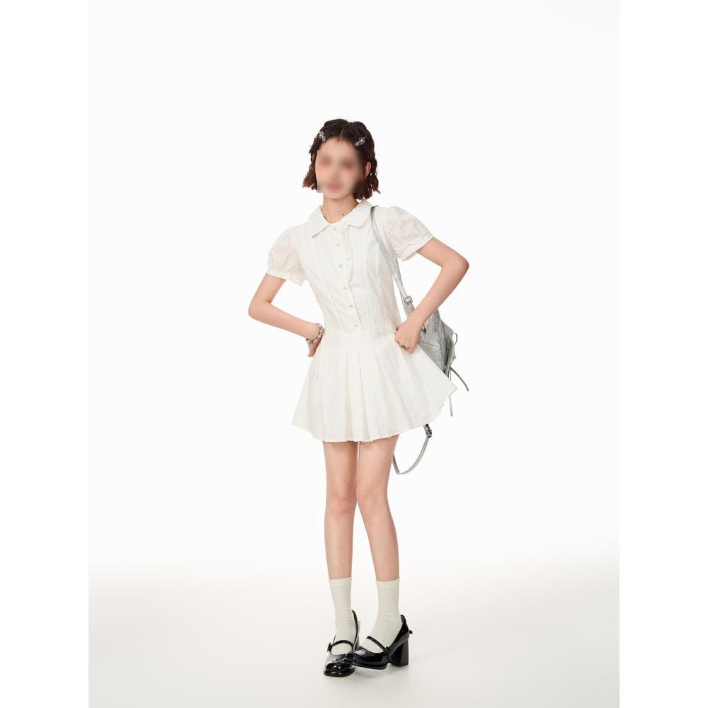 College style bubble sleeve A-shaped dress, high-end design sense, summer new sweet waist and thin dress for women