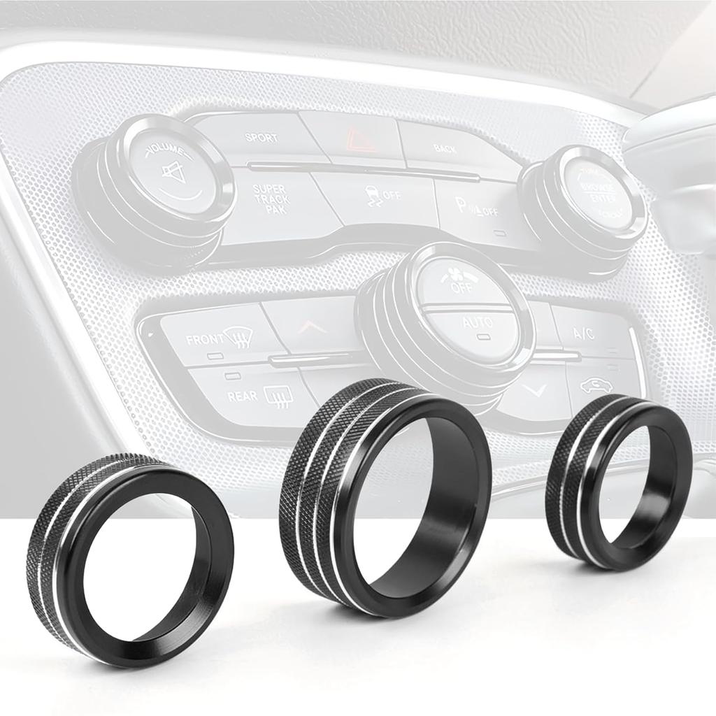 Knob Covers for Dodge Challenger/Charger/Chrysler 300/300s (2015-2021) & Ram (2013-2018) - Aluminum, Black, Rotary, 3 Count, Manual, Surface Mount