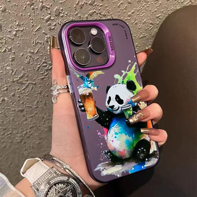 Cartoon Panda Cat Matte Hard Phone For 16 iPhone 11 12 13 14 15 Pro Max Plating Case Cover Funda