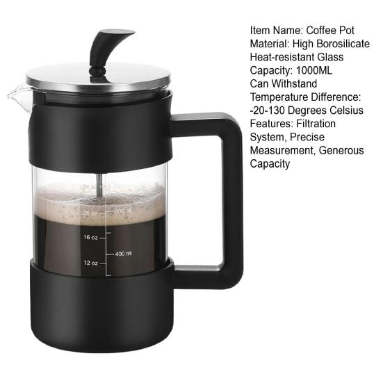 1000ml French Press Coffee Maker 34oz Heat-Resistant Borosilicate Glass No-Drip Spout Advanced Filtration System