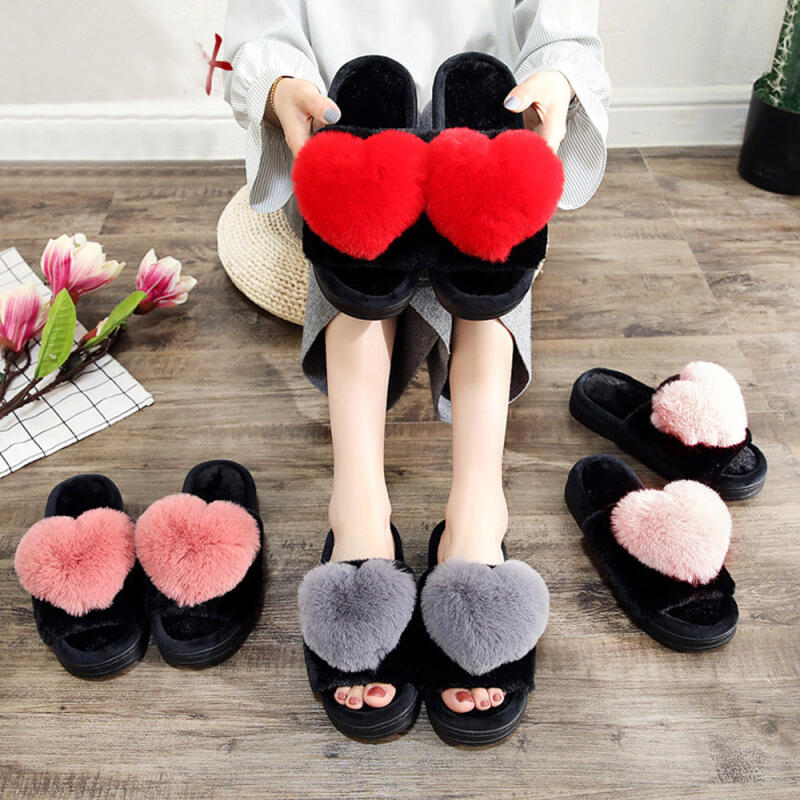 Mink King Heart Fluffy Warm Office Slippers