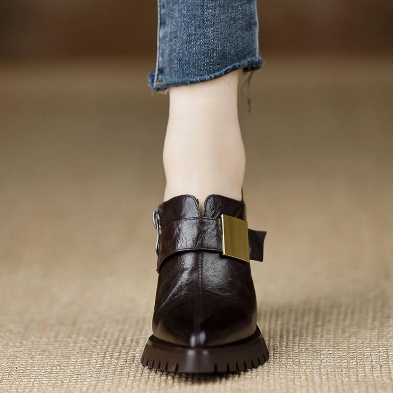 Fashion Spring New Coarse Heel Shoes Women's Fashion Pointed Side Zipper Metal Buckle Anti-slip Wear-resistant High Heels