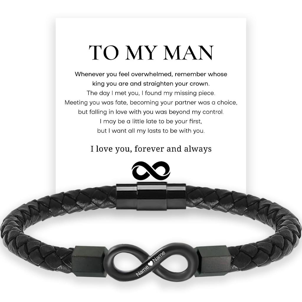 To My Man Personalized Dual Name Infinity Leather Bracelet, Custom Name Stainless Steel Braided Bracelet for Birthday Valentine